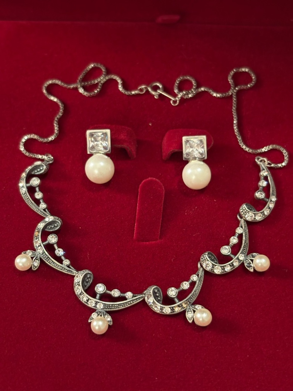 Vintage Sterling Pearl and Crystal Drop Necklace With Earrings Set - Picture 2 of 2